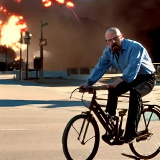 Image similar to photo of walter white riding a bike with an exploding building behind him, color, cinematic lighting