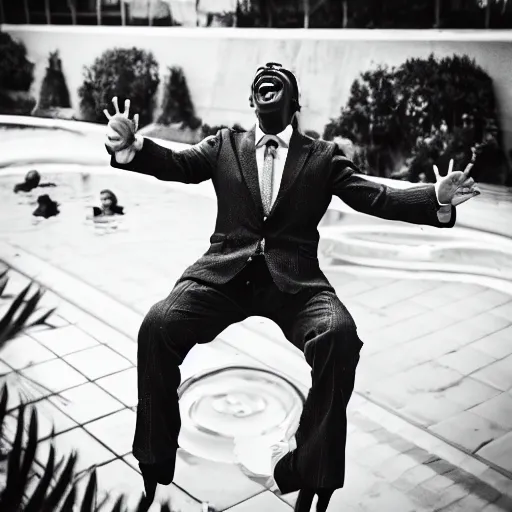 Image similar to a frog in a suit is in a pool, he is cheering and very happy, black-and-white, 50mm