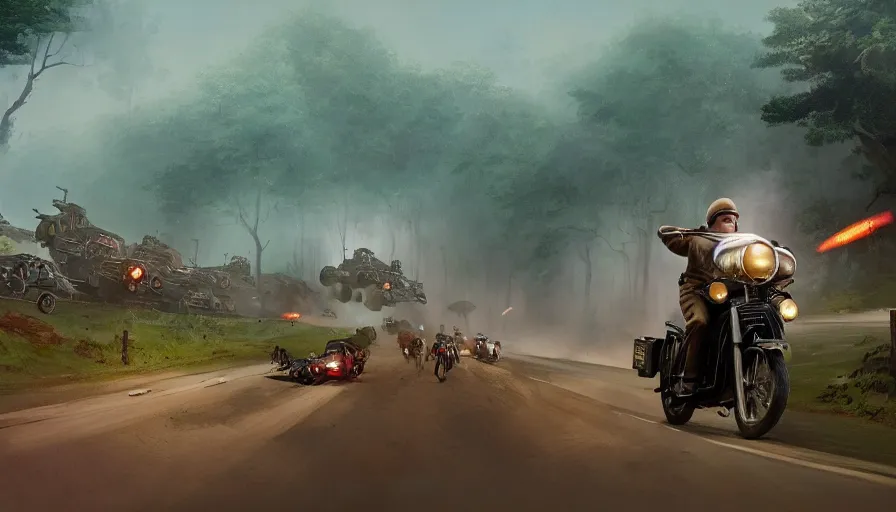 Image similar to a british officer driving a motorcycle at high speed in 1921 in kerala forest road, local people chasing to attack, furious action scene, chase, an epic fantasy, dramatic lighting, cinematic, establishing shot, extremely high detail, photorealistic, cinematic lighting, artstation, by simon stalenhag, shadow of the tomb rider