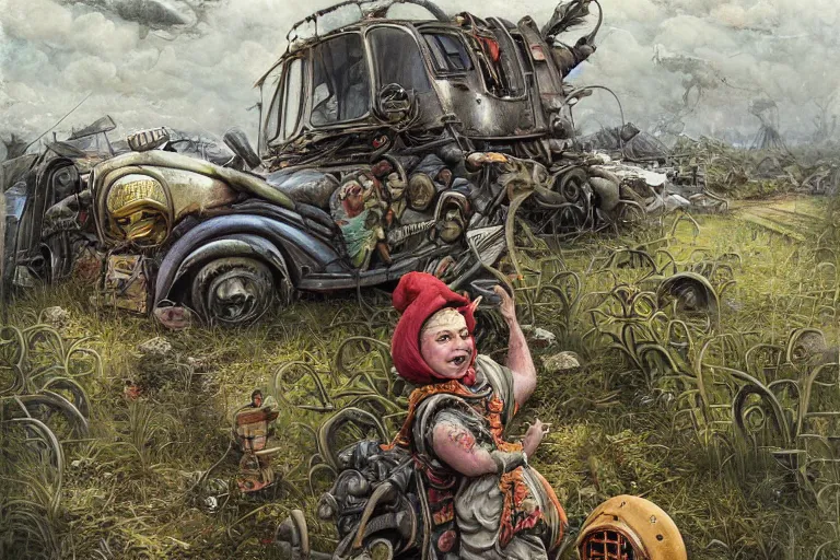 Image similar to a highly detailed garden gnome wearing goggles and head scarf holding onto the side of a caravan as its speeding down the highway, hopeless wasteland background with a relentless raging sun overhead, post - apocalyptic road warrior vibe, full body, wide angle, an ultrafine detailed painting by p. craig russell and barry windsor - smith, trending on deviantart, octane, masterpiece