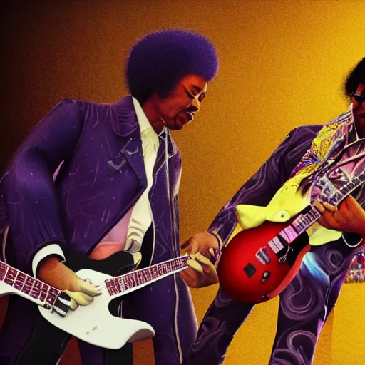 Prompt: photo of jimi hendrix and b. b king, with very highly detailed face, jamming with electric guitars. photorealistic, unreal engine 5, trending on artstation, 4 k, 8 k, uhd, beautiful, dramatic by steve mccurry