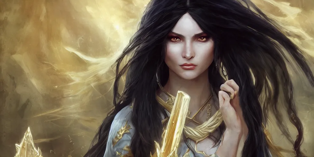 Image similar to a young beautiful priestess with long black hair weavering golden string of magic, barroque painting, ultra realistic. cinematic, dynamic. magic the gathering style. epic fantasy, insanely detailed, 4k, rpg character reference. gourgeous.