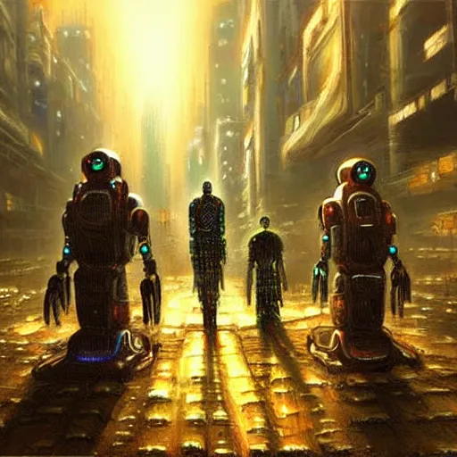 Image similar to beautiful detailed religious oil painting of robots with halos in a cyberpunk wasteland
