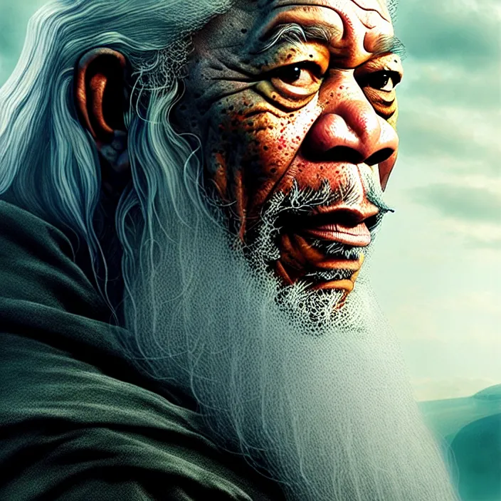 Image similar to morgan freeman starring as gandalf in lord of the rings, epic professional digital art, best on artstation, cgsociety, wlop, behance, pixiv, cosmic, epic, stunning, gorgeous, much detail, much wow, masterpiece by dorian cleavanger and stanley lau