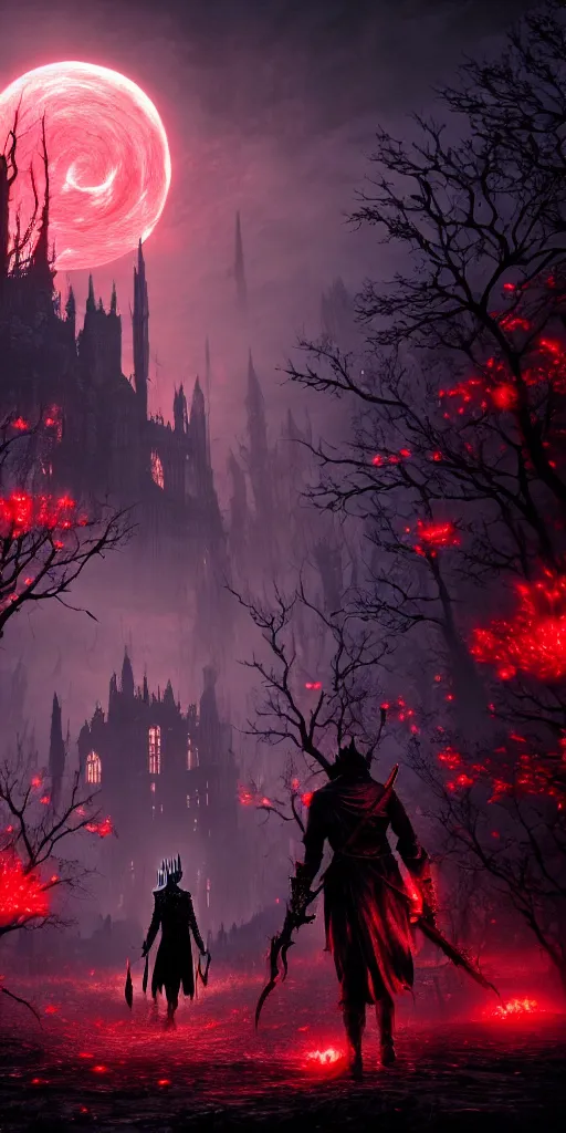 Prompt: populated bloodborne old valley with a dark person at the centre and a ruined gothic city in the background, trees and stars in the background, falling red petals, epic red - orange moonlight, perfect lightning, wallpaper illustration by niko delort and kentaro miura, 4 k, ultra realistic, upscaled