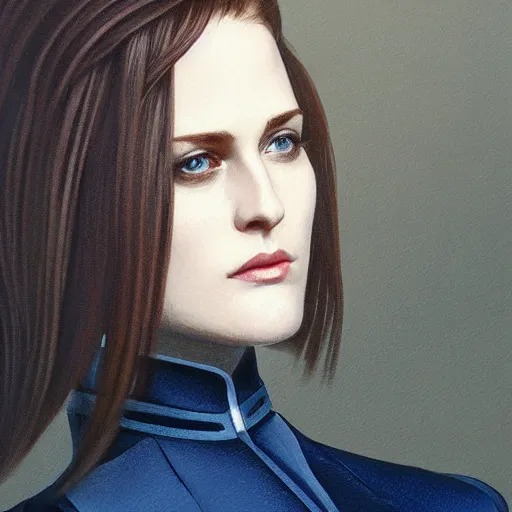 Image similar to full figure ultra realistic illustration, evan rachel wood wearing a futuristic navy blue pantsuit, brown straight hair, western setting, intricate, elegant, highly detailed, digital painting, artstation, concept art, smooth, sharp focus, illustration, art by artgerm and greg rutkowski and alphonse mucha