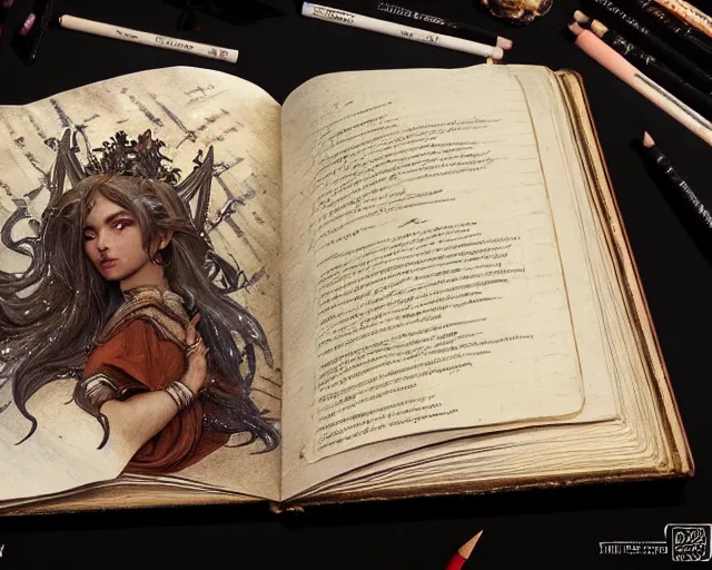 Image similar to close up of a dusty spell book, deep focus, d & d, fantasy, intricate, elegant, highly detailed, digital painting, artstation, concept art, matte, sharp focus, illustration, hearthstone, art by artgerm and greg rutkowski and alphonse mucha