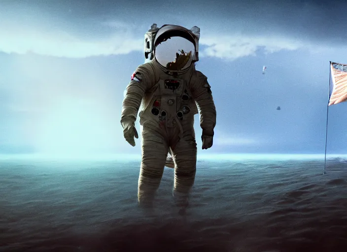 Image similar to astronaut holding a flag in an underwater desert. a submarine is visible in the distance. dark, concept art, cinematic, dramatic, atmospheric, 8 k, trending on artstation, blue, fish, low visibility, fog, ocean floor, christopher nolan, interstellar