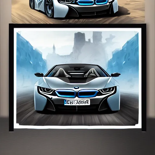 Image similar to bmw i 8 poster like borderlands style, digital art in the style of greg rutkowski and craig mullins, 4 k