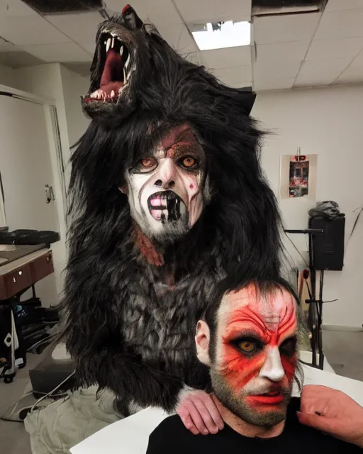 Image similar to David Kessler transforming into a wolf+An American werewolf in London+Photorealistic+Rick Baker style Makeup and Prosthetics+Studio Lighting+Hyperreal