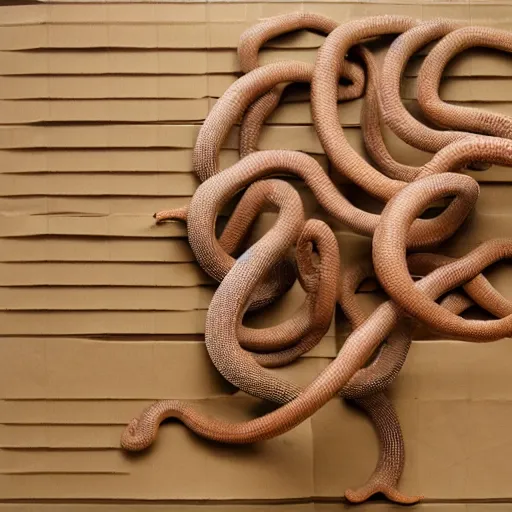 Image similar to tentacles made of brown corrugated cardboard, cut out of cardboard, realistic photography, fantasy