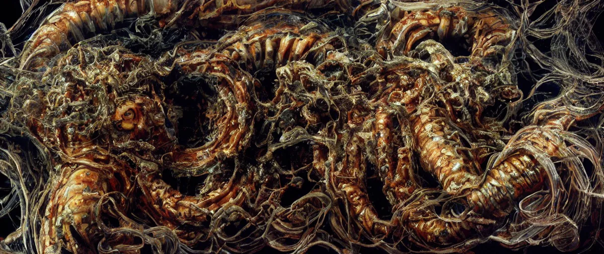 Image similar to filmic extreme full body wide shot movie still 4k UHD interior 35mm film color photograph of a detached snarling distorted deformed human head protruding out of a mutated abstract shape shifting chimera between a Malacostraca, Chrysaora fuscescens, isopod, Hydra & carnivorous Lophiiform organism made of human internal organs, in the style of a horror film The Thing 1982