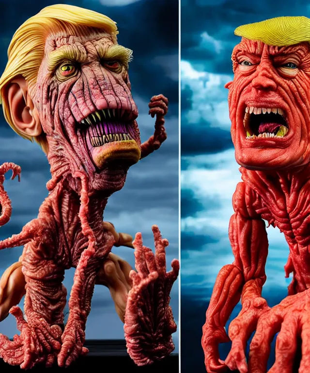 Image similar to hyperrealistic rendering, epic boss battle, cronenberg flesh monster donald trump, by art of skinner and richard corben, product photography, collectible action figure, sofubi, hottoys, storm clouds, outside, lightning