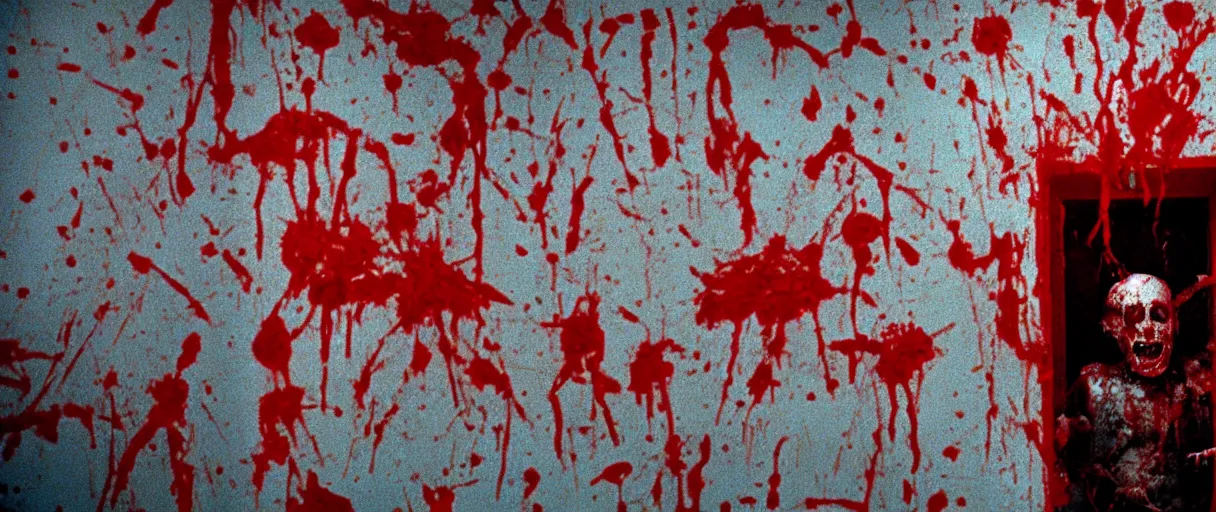 Image similar to filmic wide shot angle movie still 35mm film color photograph of a decapitated doctor with blood spewing from his neck and splattered blood all over the walls in a science lab in the style of a 1982 horror film