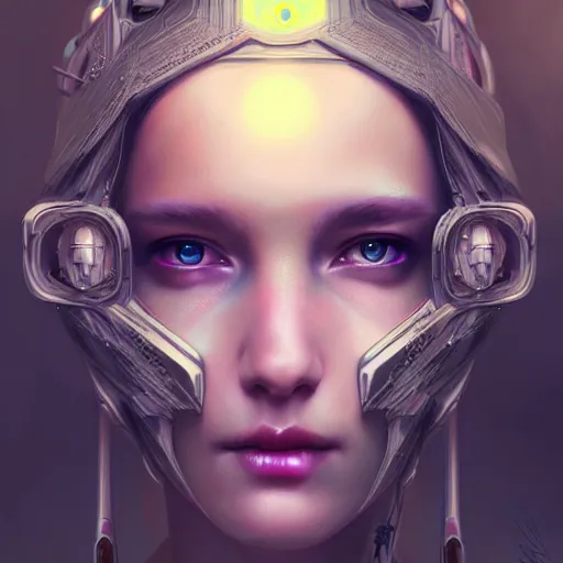 Image similar to cyberpunk robotic elvish queen, diadem on the head, extremely detailed, hyperrealistic, intricate, soft light, fantasy, digital painting, art station, perfect faces, fine details, by wlop