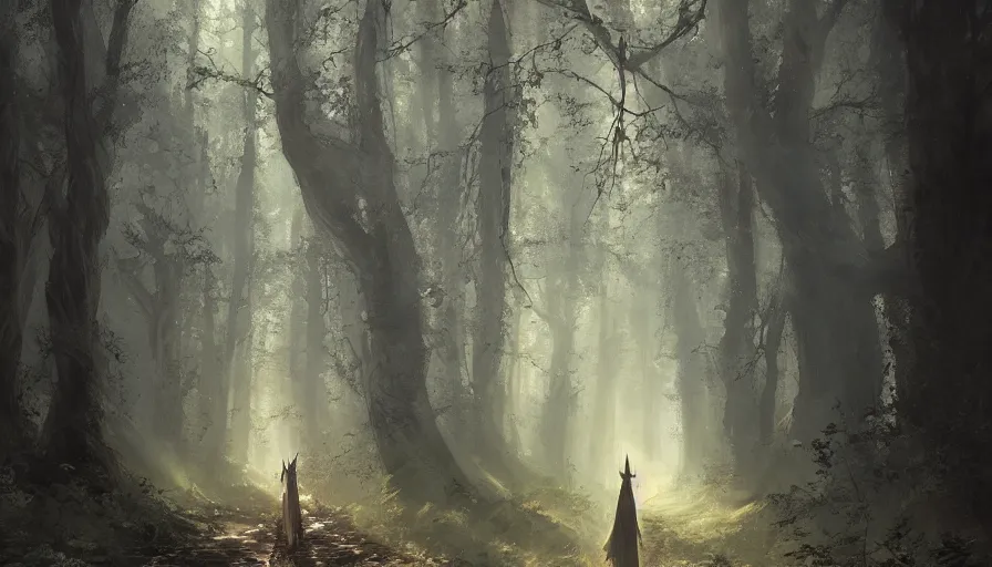 Prompt: A beautiful painting of death wearing a flowing cloak on a path in a magical forest, ray traced sun light, by greg rutkowski and Kalin Popov , Trending on artstation HD.