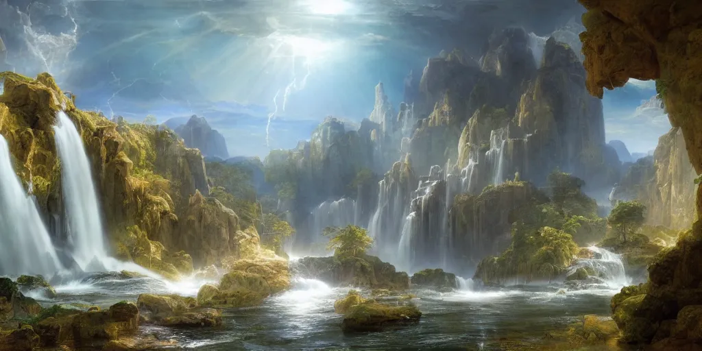 Image similar to creation of the world and heaven with a river of the water of life, clear as crystal, flowing from the throne of god and of the lamb by daniel f. gerhartz and matt stewart and thomas cole and albert bierstadt, fantasy, photorealistic, octane render, unreal engine, dynamic lighting