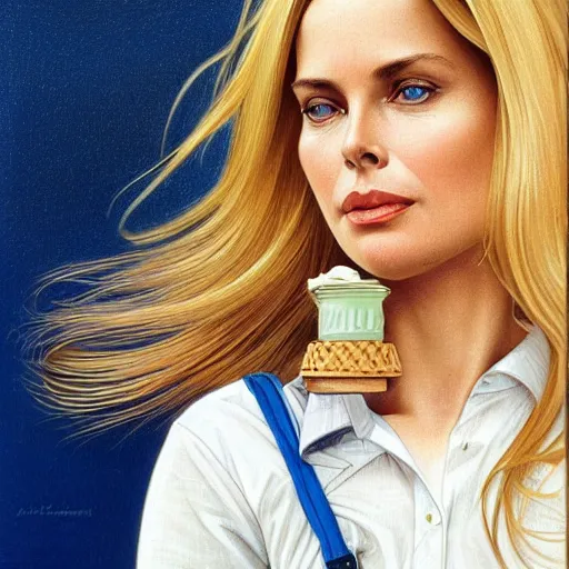 Image similar to portrait of a blonde fuller figured middle aged barbara bach from the bond film wearing blue dungarees and eating ice creams with michael mcintyre wearing a blue shirt and chinos in porto, real life skin, intricate, elegant, highly detailed, artstation, concept art, smooth, sharp focus, art by artgerm and greg rutkowski and alphonse mucha