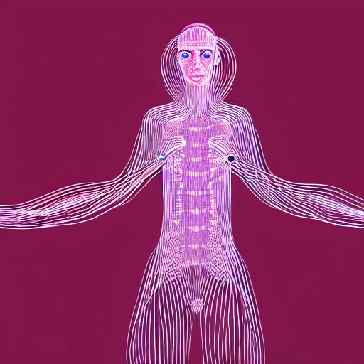 Prompt: illustration of a human form made of pink patch cables, using a large modular synthesizer