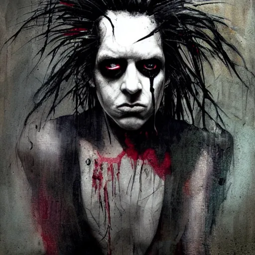 Prompt: gaunt ( the cure fan ) as dream from sandman, dim stars as eyes, by jeremy mann, by cedric peyravernay, by by russ mills, by richard avedon and ben templesmith, dramatic lightning, sadness, dark eye sockets, in the shadows, punk rock, gothic, high detailed, 8 k