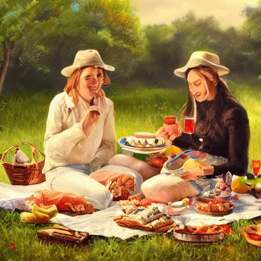 Image similar to a picnic, oil painting, high detail, 8 k, wide angle, trending on artstation,