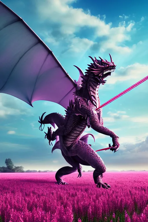 Image similar to illustration cinematic humanoid dragon yielding katana in a field of pink flowers, highly detailed digital art masterpiece, smooth vitaly bulgarov eric zener dramatic blue light, ground angle uhd 8 k, sharp focus