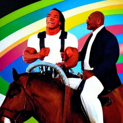 Prompt: mike tyson and arnold schwarzenegger riding a horse in front of a rainbow