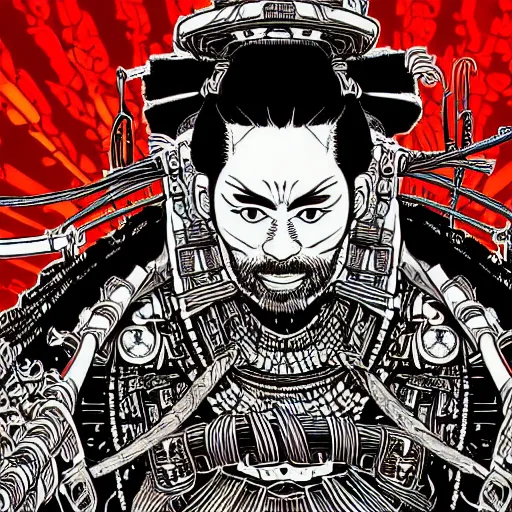 Prompt: intricate detailed artwork of a samurai dj at an underground warehouse rave in the style of Geof Darrow, wires, speakers, neon