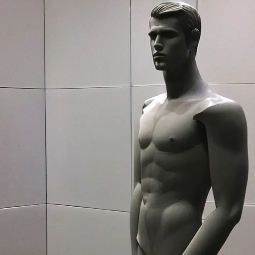 Image similar to “a realistic detailed photo of a guy who is an attractive humanoid who is half robot and half humanoid, who is a male android, actor Liam Hemsworth, shiny skin, posing like a statue, blank stare, at the museum, on display”