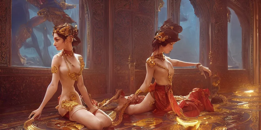 Image similar to beautiful genie girl, kneeling in the palace room, beautiful elegant body, intricate, stunning, highly detailed, digital painting, artstation, smooth, hard focus, illustration, art by artgerm and greg rutkowski and alphonse mucha, epic fantasy, mysterious ambient lighting, digital art, fantasy vibes, style of final fantasy and kingdom hearts