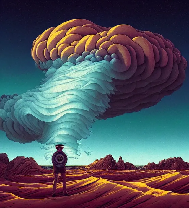 Prompt: a calico 🌊 swirling in the sky above a barren 🏜 by ivan shishkin and zacharias aagaard and simon stalenhag and dan mumford and josan gonzalez, surrealism, chiaroscuro, hyper detailed, high saturation, retrowave