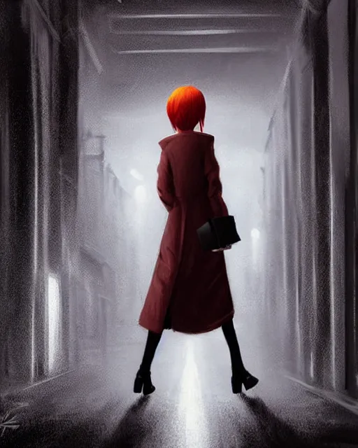 Prompt: A ultradetailed beautiful portrait painting of a mysterious redhaired woman in a trenchcoat walking towards me in a dark alley at night. concept art, trending on deviantart, film noire, Ilya Kuvshinov.