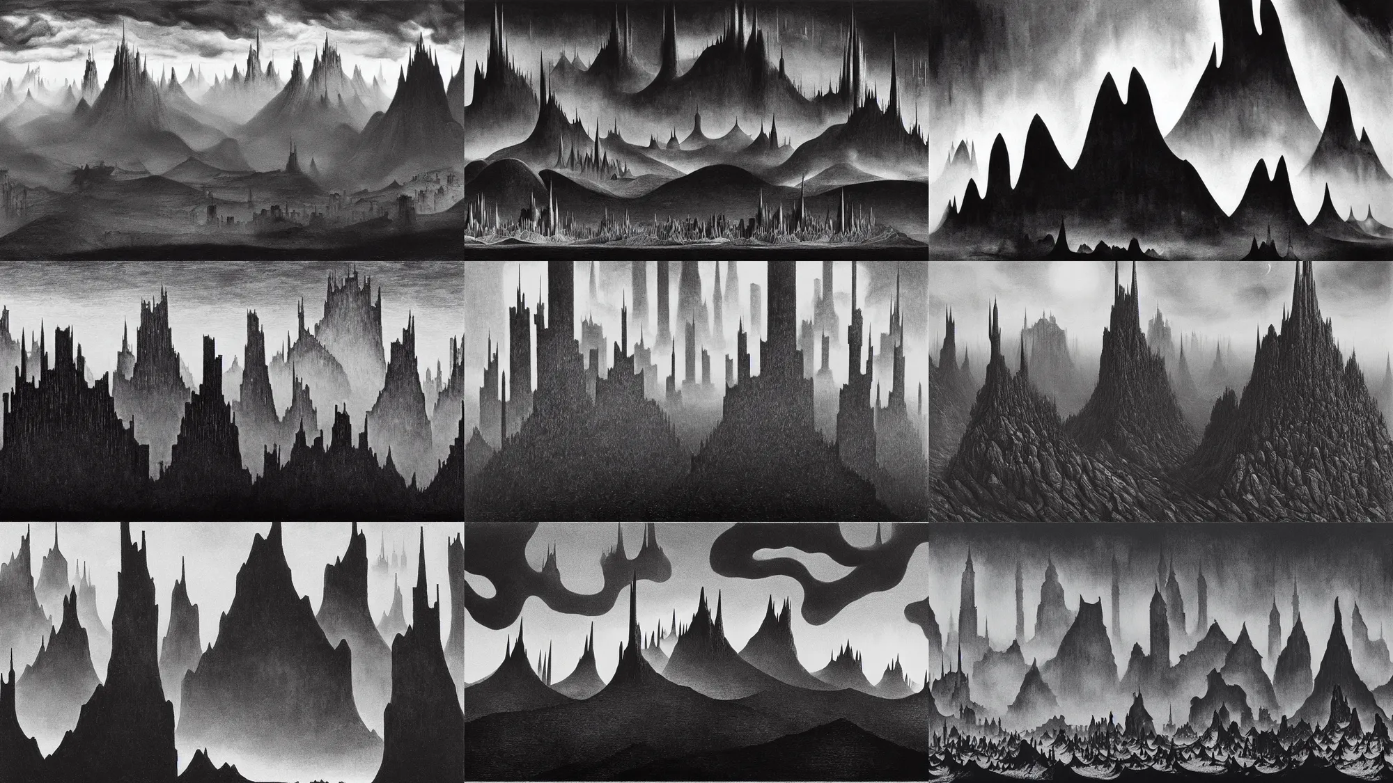 Prompt: extremely detailed landscape of the mountain city! spires and towers of unnatural shape and surreal size ) of underworld dreams by roger deakins, norman ackroyd, karl blossfeldt, cinematography, photo, oil painting, monochrome watercolour, lithograph