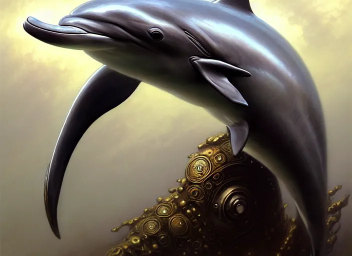 Image similar to wideangle!! portrait shot of a dolphin wearing mideval armor, intricate, elegant, highly detailed, centered, digital painting, artstation, concept art, smooth, sharp focus, illustration, artgerm, tomasz alen kopera, peter mohrbacher, donato giancola, joseph christian leyendecker, wlop, boris vallejo