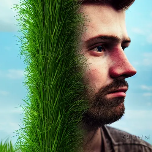 Prompt: realistic photo shoot, man with grass growing out of head, highly detailed, photograph, 65mm, film post process, sharp focus, intricate, digital art, artstation