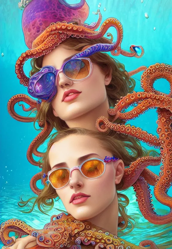 Prompt: close up of a beautiful woman underwater wearing sunglasses and a colourful octopus as a hat, fantasy, intricate, elegant, highly detailed, digital painting, artstation, concept art, smooth, 8 k, sharp focus, illustration, art by artgerm and greg rutkowski and alphonse mucha