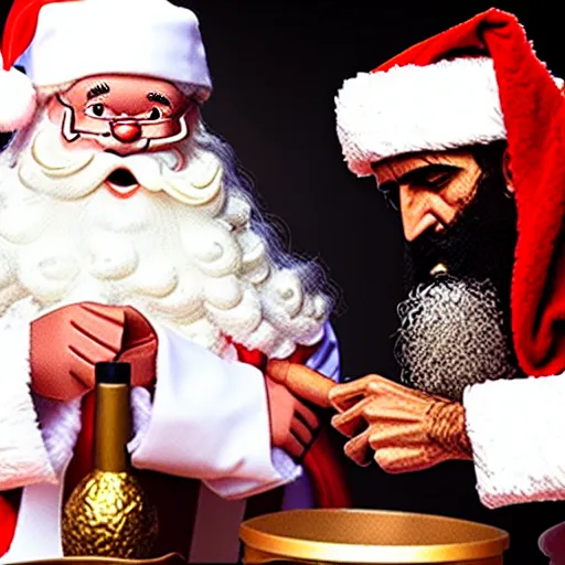 Image similar to uhd candid photo of santa claus and bin laden making an ied. correct faces, intricate details, hyperdetailed, accurate faces. photo by annie leibowitz