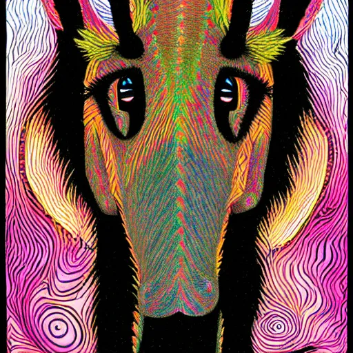 Image similar to a mule in the style of alex grey