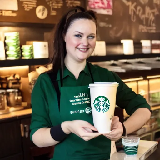 Prompt: Lauren Ash as a Starbucks barista