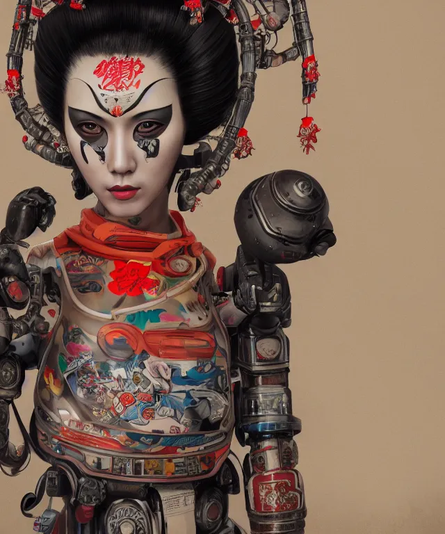 Image similar to an epic fantastic realism comic book style portrait painting of a japanese robotic geisha with kanji tattoos and decals, apex legends, octane render, intricate detail, 4 k hd, unreal engine 5