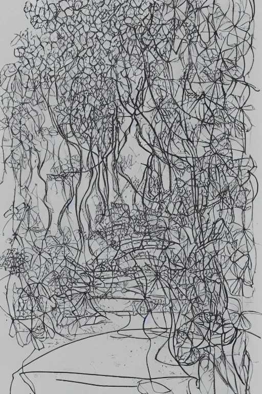 Image similar to single line sketch of cascading garden with large flowers, scribble sketch, small details,