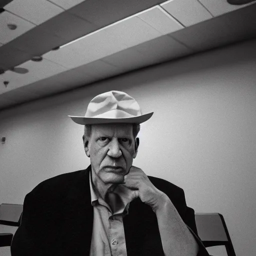 Prompt: wide angle portrait of werner herzog sitting alone in the waiting area of the dmv, wearing a party hat. wide shot, ansel adams, award winning, hyperrealistic, grand budapest hotel, studio lighting, very detailed face, chiaroscuro, film noir