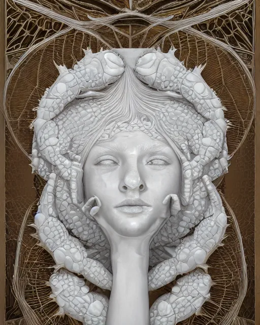 Image similar to symmetry, intracate white marble bas relief sculpture of a woman made of crabs, white marble with gold wire inlay, thousands of crabs, thousands of spiders, thousands of tarantulas, highly detailed, intricately detailed, art nuevo, octane, 8 k, hdr, art by hr geiger and ridley scott and alphonse mucha, trending on artstation