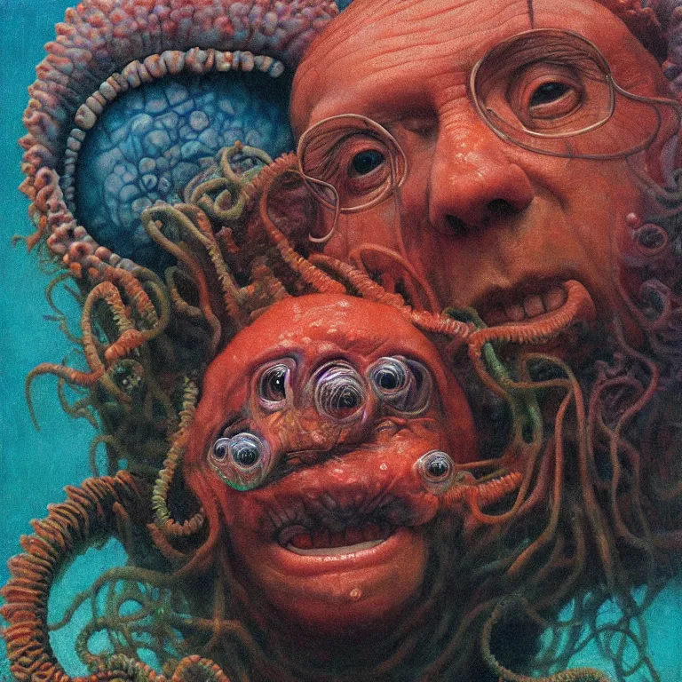 Image similar to Hyperrealistic intensely colored close up studio Photograph portrait of deep sea bioluminescent Senator Mitch McConnell, symmetrical face realistic proportions eye contact tentacles, Smiling in a coral reef underwater, award-winning portrait oil painting by Norman Rockwell and Zdzisław Beksiński vivid colors high contrast hyperrealism 8k