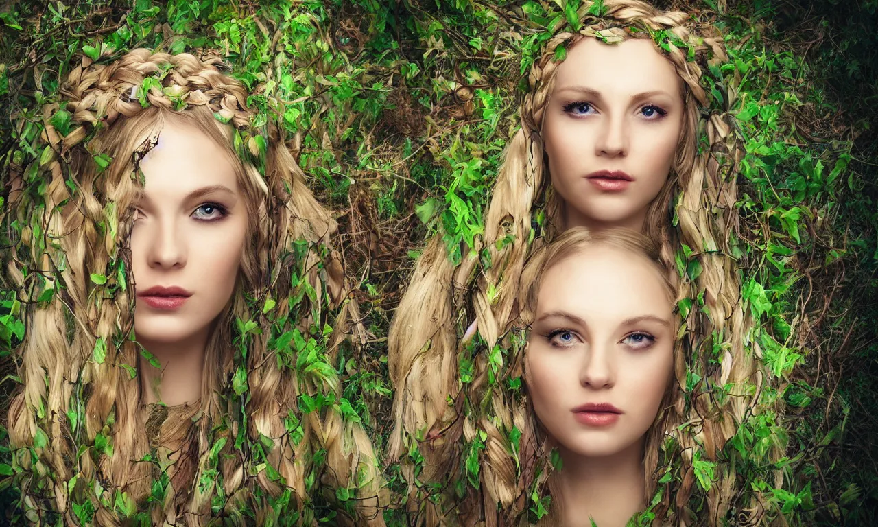 Image similar to beautiful blonde woman with plaits intertwined with vines, third eye on forehead, forest fae, psychedelic mushrooms, magic, mystical, white witch, photorealistic, portrait, sacred geometry