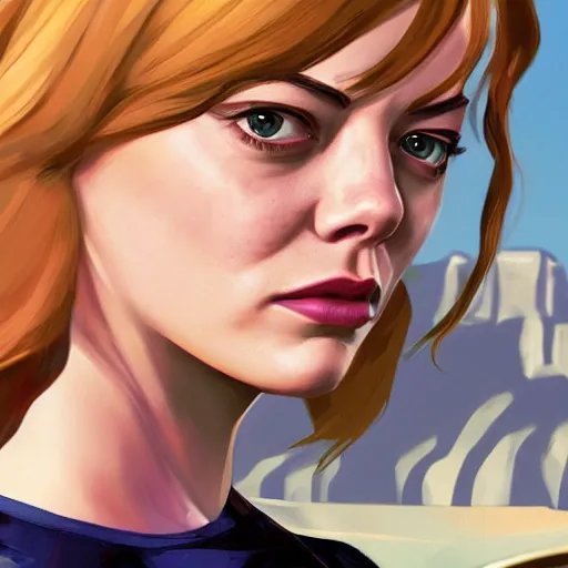 Image similar to emma stone in gta v, cover art by stephen bliss, artstation, no text