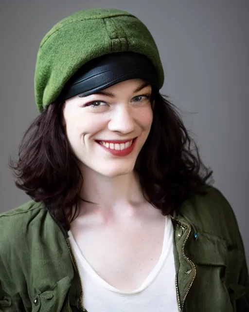 Prompt: headshot of a smiling, stoya, she is wearing a leather bomber cap on her head, she is also wearing an a 2 flight jacket, a long green wool scarf is wrapped around her neck