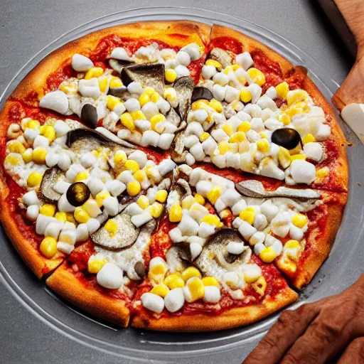 Prompt: A pizza with marshmallows, sardines, and corn as toppings