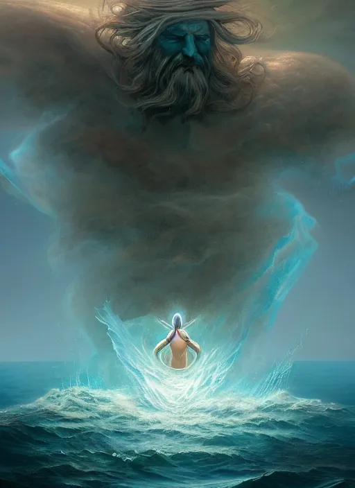 Prompt: a gigantic god rising from the ocean, ice coming out of his body, in the style of tomasz alen kopera and fenghua zhong and peter mohrbacher, mystical colors, rim light, beautiful lighting, 8 k, stunning scene, raytracing, octane, trending on artstation