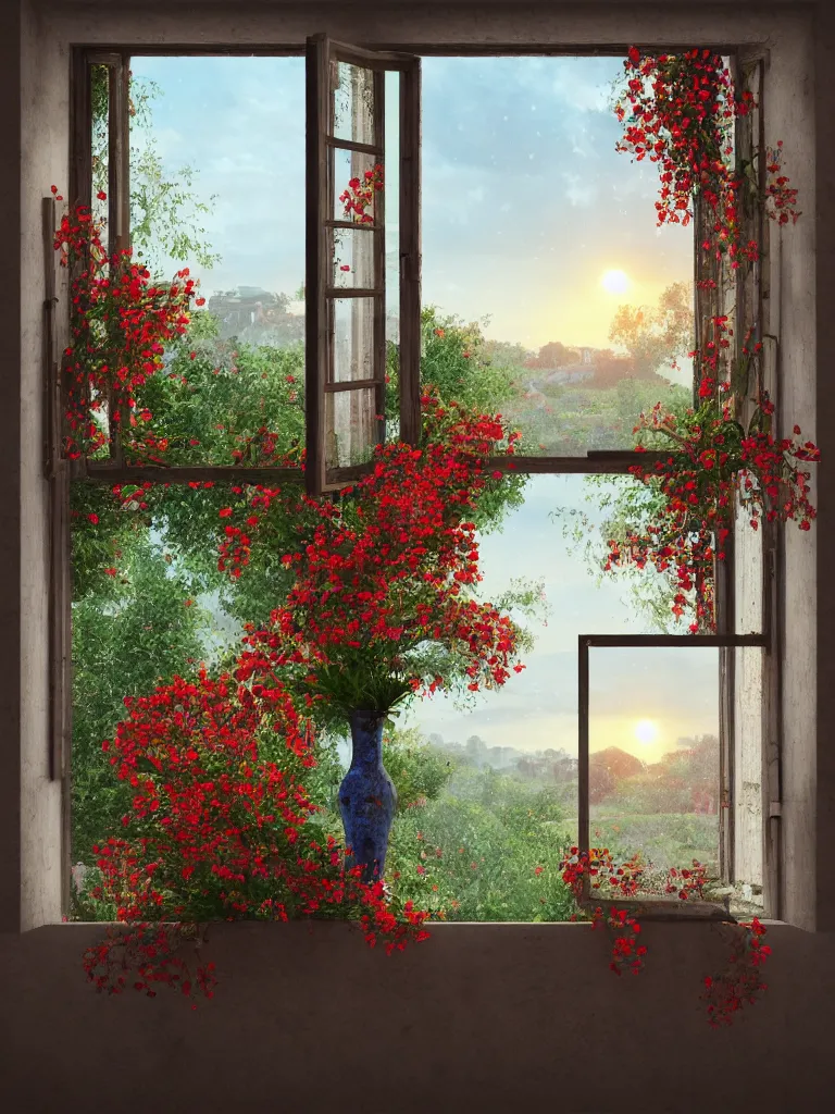 Prompt: a old house window with a vase of red flowers with view to a sunrise, blue wall, a wooden chair near the window, concept art, octane render, unreal engine 5, trending on deviantart, highly detailed, high quality, hd, digital painting, masterpiece, geometric, symmetrical, low contrast, beautiful, serene landscape, high coherence, natural lighting